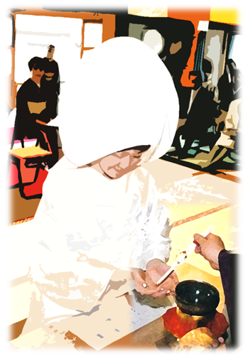 新婦が香水で清められています。