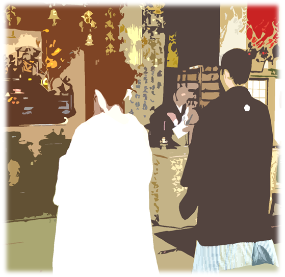 新郎新婦が並んで誓いの言葉を読んでいます